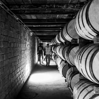 construction workers walk down the rows of bourbon barrels in a rick-house